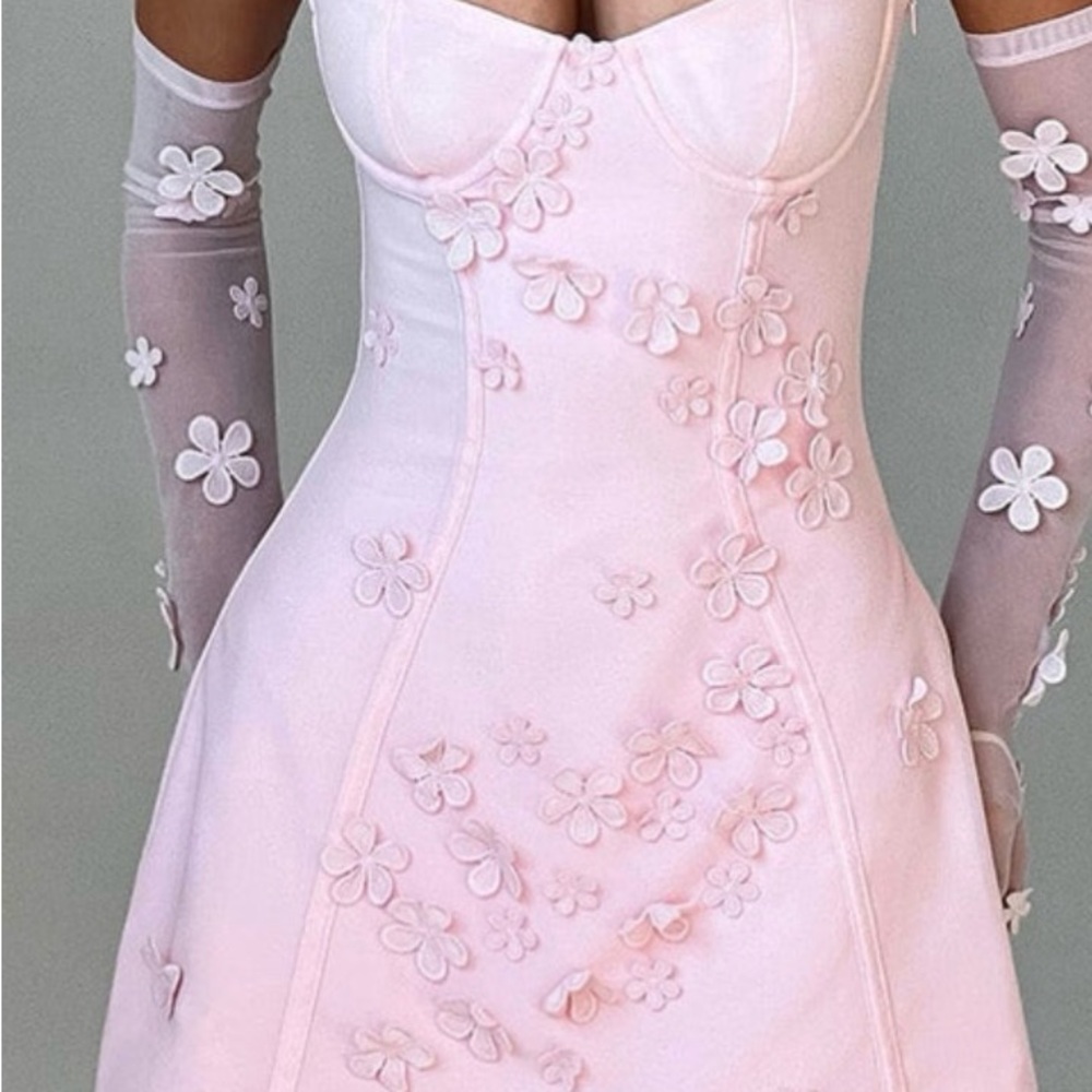 Elegant Pink Floral Women's Mini Dress + Gloves - Picture 6 of 6